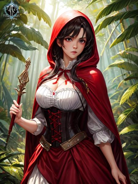 ethereal fantasy, magnificent, celestial, ethereal, painterly, epic, majestic, magical, fantasy art, cover art, dreamy, <lora:Detail - add_detail:0.2>,  RedRidingHoodCh,  red dress, corset, cosplay, forest, jungle, red cloak, red hood, red capelet,