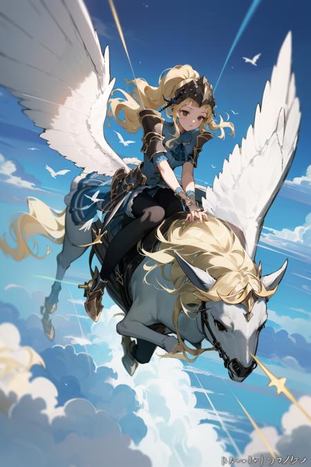 masterpiece, best quality, clair, helmet, blue dress, shoulder armor, gloves, black pantyhose, high heels, flying, riding a pegasus <lora:clair-nvwls-v1-000012:0.9>