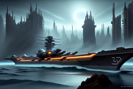 a space pirate battleship among the ruins of an advanced, futuristic city
