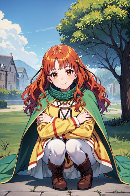 Crouching with arms hugging knees,upskirt,<lora:yuneV1:0.8>,yune, yellow dress, green cape, light smile,  boots,white pantyhose,brown footwear,long sleeves, cloak,outdoors, (masterpiece, best quality, ultra-detailed, best shadow)