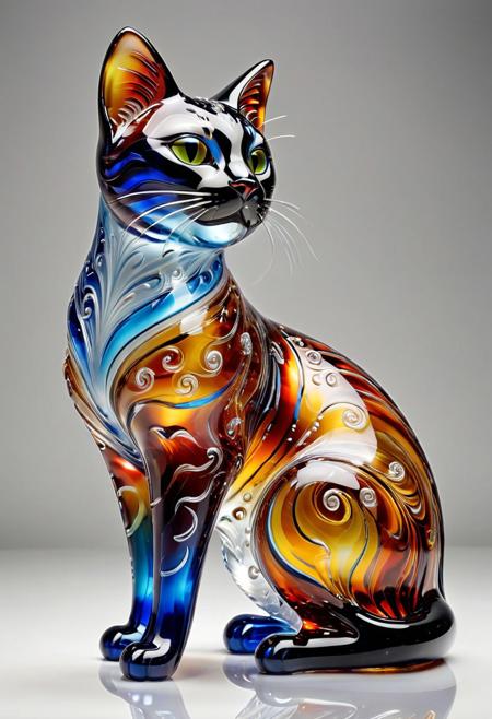 a majestic cat sculpture made of colorful Murano glass, highly detailed, translucent glass body, intricate swirls of color, elegant lighting, studio background, realistic reflections, art style, murano_glass_style