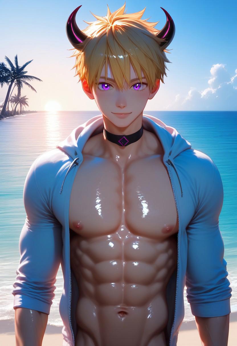 muscular slender boy with blonde hair and purple eyes and neon short horns , male focus,  solo, anime face, handsome, cute face, thin lips, toned body:1.2, hyper detailed skin, beautiful detailed body,ultra-detailed hair, wide shot, cowboy shot, glistening, body blush, perfect anatomy, [bara:yaoi:0.8], 
BREAK  abs, veiny, pink nipples, single navel, open hood, open clothes, hoodie,open hoodie,shirtless, ocean,  recieving massage, groped chest by another, pov hands, palm trees, seductive smile, lots of details, choker, black tattoo on chest, proud expression, sunset, 
BREAK single eyelids, perfect eyes:1.3, perfect hands, hyper detailed eyes, detailed pupils, short hair style, anime hair style, okappa hair,  tsurime:1.2, aroused, 
BREAK score_9, score_8_up, score_7_up, masterpiece, best aesthetic, aesthetic, displeasing, best quality, great quality, perfect flat shading, muscular shadow, 8k, 4k, highres, absurdres, clear picture, clear outline, intricate details, countershading:1.1,ambient occlusion,