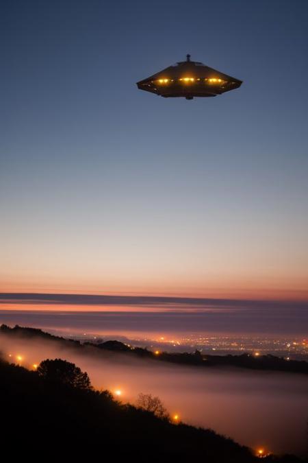 security footage frame,  fog, night, volumetric, industrial district, distant UFO, closeup of man in trenchcoat