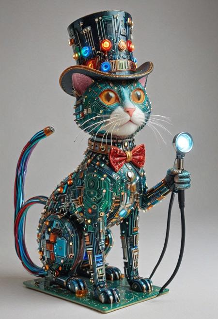 embedding:lazmpos, Transistors, pcb_style, LED, colorful LED lights, RGB lights, red green and blue cat, art deco, top hat, cane, monocle,RetroBG