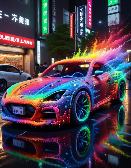 Porsche in Tokyo, neon paint, electromagnets as wheels, wheels of lightning, add detail, night photo, reflections, 4k, uhd, hdr, made of ral-pxlprtcl <lora:ral-pxlprtcl:1>