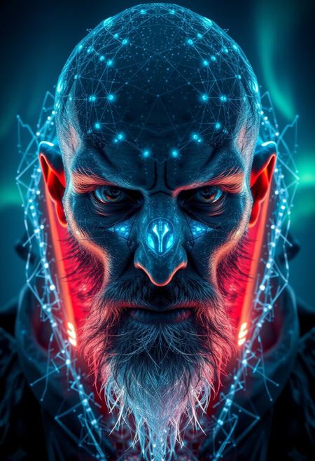 A symmetric portrait of a male, evil frozen necromancer, features dissolving into frozen magic thin, luminescent blue lines. Weighted Voronoi stippling and laser caustics create a network, transitioning from hyperrealistic detail to abstract, quantum-inspired forms. Ethereal hues blend, evoking existential transition and mystery. Close-up on face, evil skull partially visible. Set against a twilight arctic backdrop, icy winds ripple through his tattered robes. Rendered in a fusion of photorealism and digital surrealism, the scene is illuminated by ghostly Northern Lights. Emphasis on cold, menacing atmosphere, invoking Nordic myths