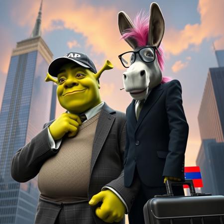 realistic businessman Mr. Shrek in SAP cap staying hear the tall building like Empire state building and straightens his tie looking forward in his other hand is a suitcase with a little Serbian red blue white flag on it, he is a realy cool guy. Next to him stands the second businessman Mr. Donkey with big glass and pink hair, he is wearing a black suit and holding a vape in his hand