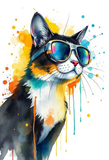 A vibrant and artistic watercolor illustration of a cool cat, facing slightly to the left, rendered in an explosion of bright, splashy colors. The cat sports stylish, oversized, futuristic goggles with iridescent lenses that reflect a spectrum of hues, adding to its whimsical and modern appeal. Its black and white feathers are softly defined, blending seamlessly into washes of yellow, orange, blue, and teal, with dynamic paint drips extending downwards, suggesting movement and fluidity. Numerous colorful splatters and dots surround the creature, enhancing the joyful and abstract aesthetic. The overall impression is one of playful creativity, combining natural elements with a touch of contemporary flair in a visually striking, high-resolution digital painting with a clean white background.