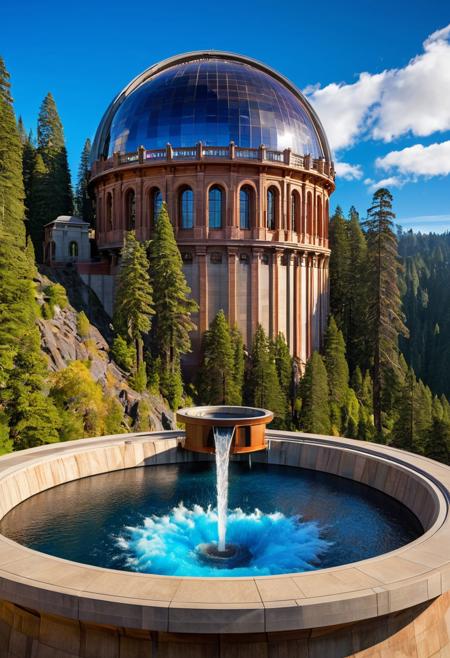 (masterpiece:1.5), (score_9, auto1111), extreme quality, reflections, surface reflections, ((no humans, no people)), a spectrum of iridescent colors, precise, fractal design, flowing curves, precision, striking visuals, sharp focus, detailed background, light reflections, architecture of boundless opportunities, (an enormous titanium observatory sitting on top of an enormous Stone basin), a beautiful enormous titanium observatory sitting on top of an enormous Stone basin at the rim of a enormous redwood forest, mountains in the background, enormous redwood trees, (a flowing stream with a waterfall), realistic, photorealistic, blue sky, fluffy clouds, flowing water, fluid architecture, multicolored flowers, luminescent water, sharp background details, detailed enormous titanium observatory, polished titanium, polished Stone, fluffy clouds, mist, ground fog, detailed landscape, landscaping of boundless opportunities, dynamic shaders, vibrant colors, (close-up view), ground fog,