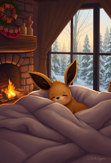 Eevee sleeping in bed. Cozy warm atmosphere. Fireplace in background and a wintery forest can be seen through a window.