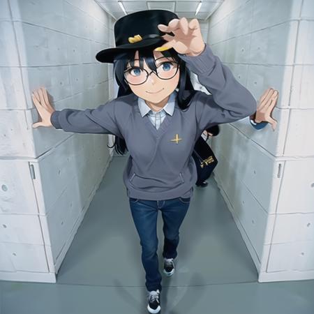 masterpiece, best quality,
VIS2, solo,  shadow, indoors, hallway, tile wall, realistic, 
1girl,  glasses, hatsune miku, long hair, blue sweater,  long sleeves,  blue pants,  hat,  top hat, smile, spread arms, walking, 
 <lora:VirtualInsanity:0.8>