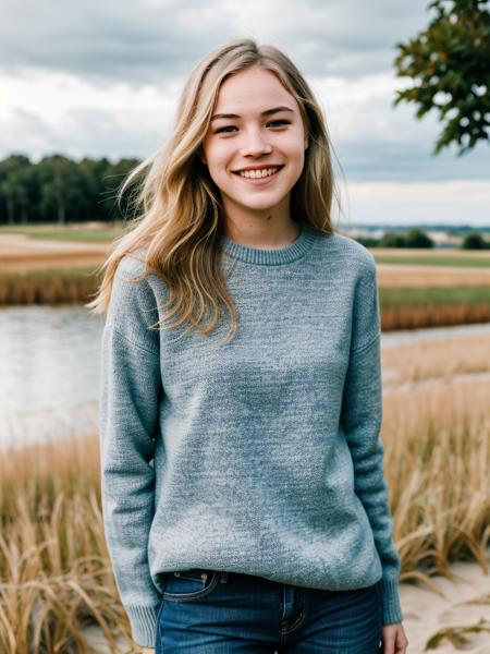 a photo of m0lly-001, perfect face, perfect teeth, slender build, blonde hair, blue eyes, beach, blurry background, bokeh, cloud, cloudy sky, day, depth of field, horizon, long sleeves, looking at viewer, ocean, outdoors, photo background, photorealistic, realistic, sand, shore, sky, smile, solo, sunset, upper body, water, a woman smiling and wearing a black sweater and jeans in a field with trees in the background, portrait photography, a picture, (lens flare:1.01). PA7_Portrait-MS