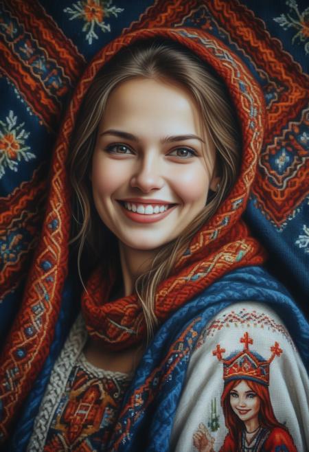 cross stitch on the blanket. a portrait of a gorgeous  a Russian woman . she smiles. . the contradictory combination of colors emphasizes the beauty of the face. impossible clothes complement the image in the portrait. dramatic lighting, gaze, savage manners, fantastic realism, dynamic composition, mythical creature of beauty and energy, creative transformation, epic adventure, thrilling narrative, otherworldly charm