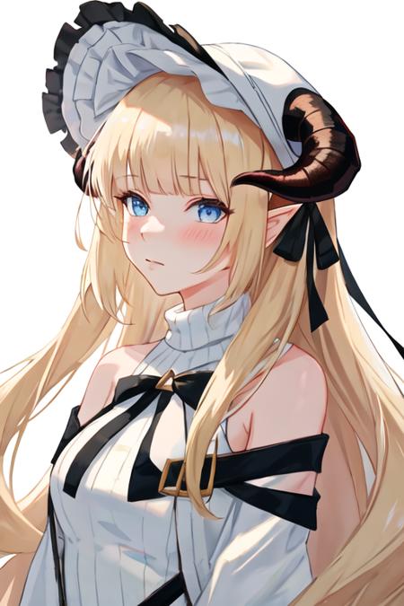 best quality, masterpiece, highres, solo, {nightingale_arknights:1.15}, long_hair, horns, blonde_hair, bangs, blue_eyes, hat, very_long_hair, white_headwear, upper_body, demon_horns, 1girl, bare_shoulders, black_ribbon, looking_at_viewer, ribbon, sweater, hair_ribbon, simple_background, white_background, ribbed_sweater, sleeveless, turtleneck, white_sweater, portrait, blush, closed_mouth