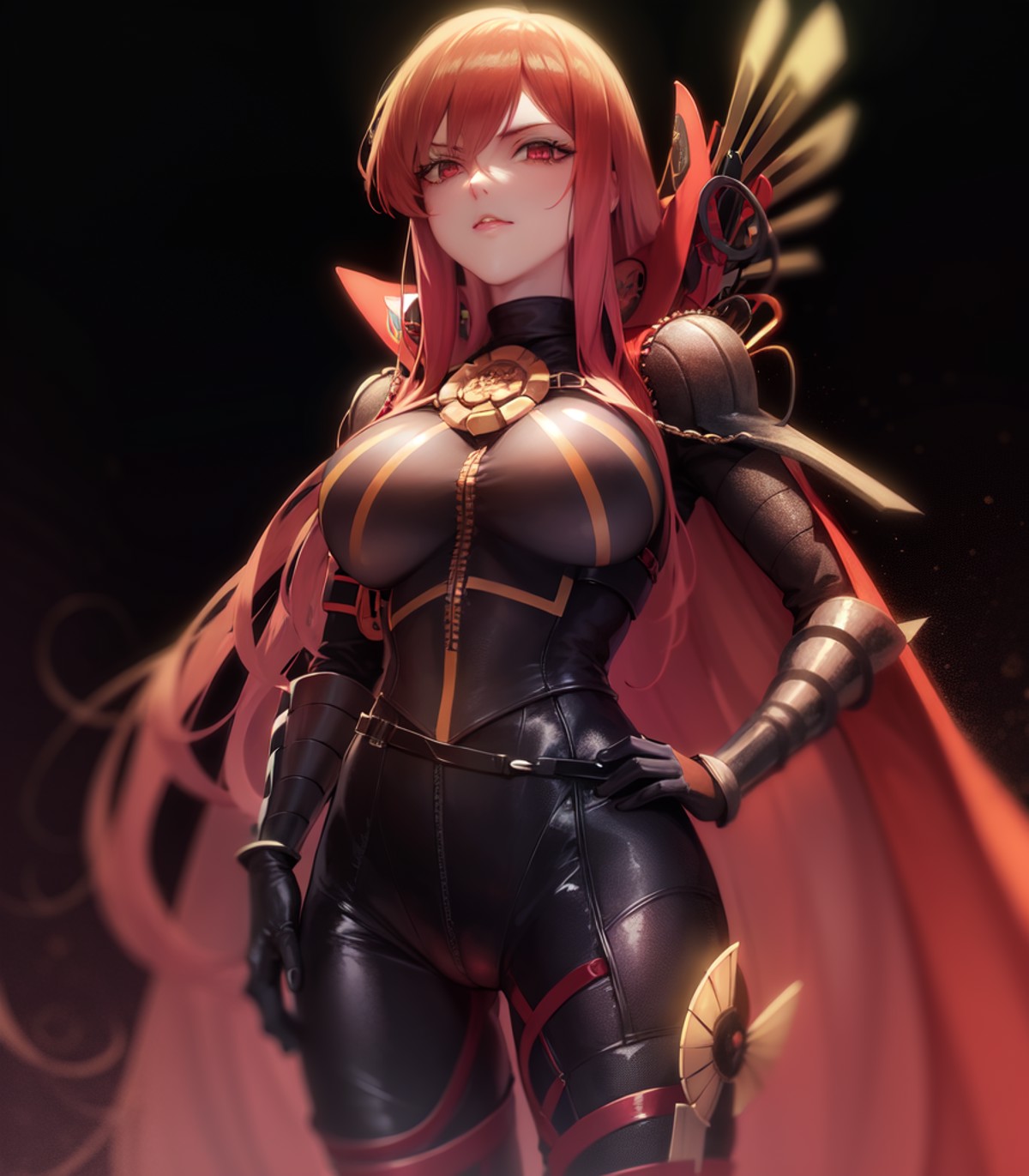 masterpiece, best quality, high resolution, 
1girl, solo, MaouNobu, Maou bodyarmor, big breasts, hand on hips, 
<lora:Fate...