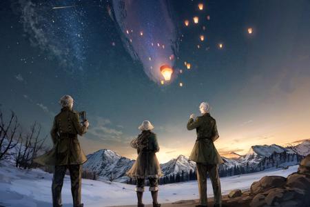 lantern, 1girl, 1boy, night, sky, paper lantern, star (sky), night sky, starry sky, outdoors, scenery, standing, dress, coat, from behind, crossed arms, boots, short hair, white hair, long hair, pants, black hair, mountain, black footwear<lora:ruinx:1.1>