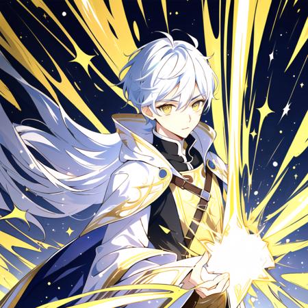 <lora:GenshinSplash-V3:1> splash screen, swirling background, dynamic scene, 1boy, male, young mage, (face, wide-eyed:1.5), elegant ornate robe, magic, fantasy, (yellow_theme:1.2), holy light, light_rays