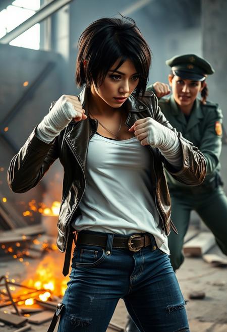A beautiful latin short black hair girl tomboy hairstyle 20 years old huge breast with a torn leather jacket white shirt jeans boots and 
bandaged hands  in defense pose 
receiving quick punches from a big muscular rusian woman in militar uniform, in a destroyed warehouse fire smoke sparks