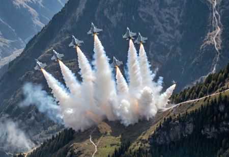 (Pilots flying the Euro Fighter jets between mountains), (displaying the low level flying capabilities of the Euro Fighter jets), hitting amazing speeds as the tilt and wind through the valleys and canyons, (view from side of euro fighter jets), (launching missiles with a stream of white vapors with flames), (a true display of military might power), (motion scenes), (pain staking attention to fine details of the jets) ,4k, surreal, (epic photography),