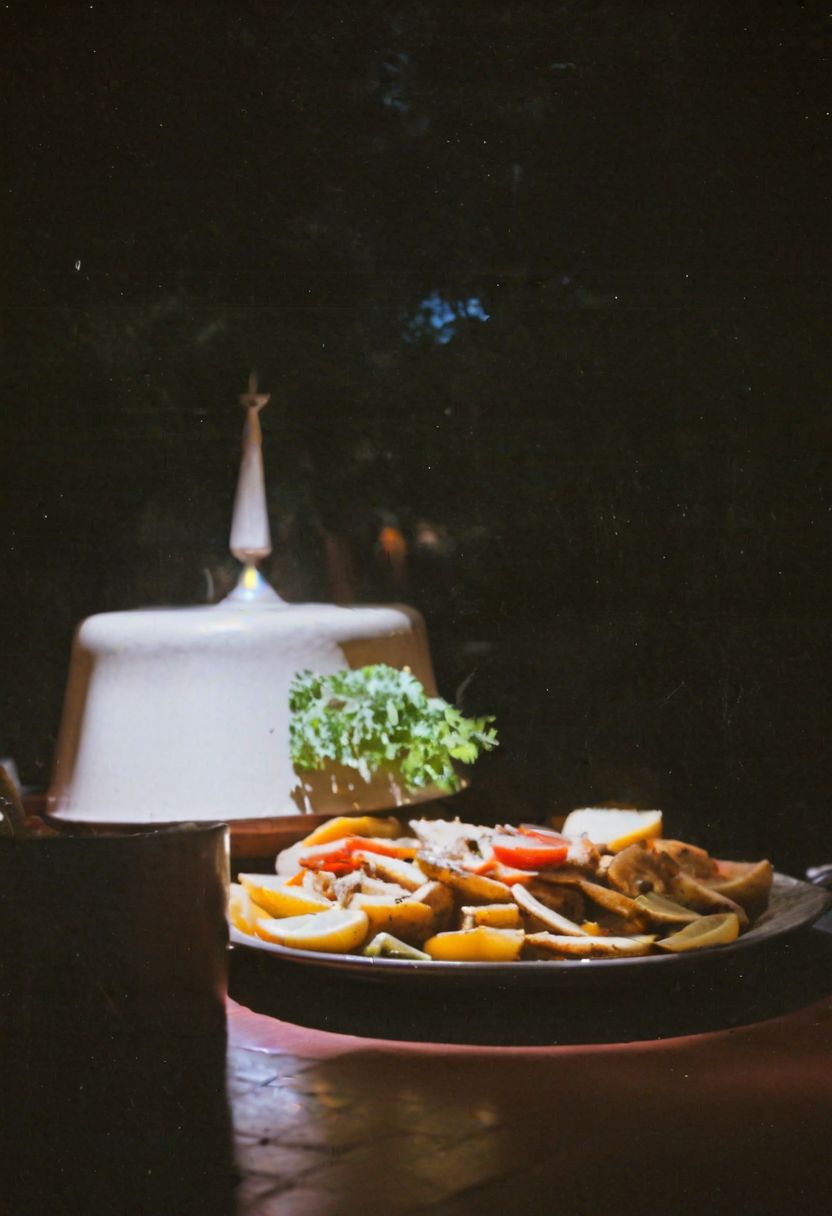 FP100C, instagram photo, tajine in einem restaurant, viele details,  hard shadows, film grain