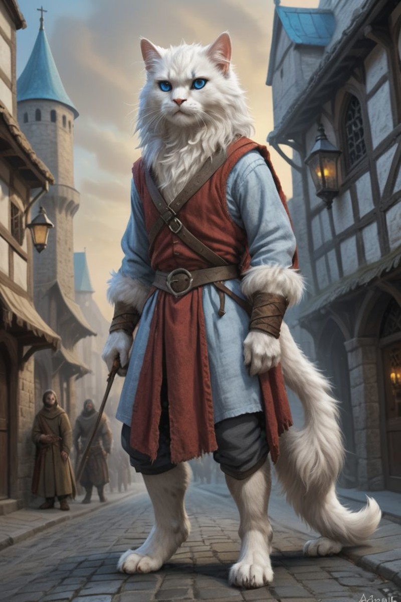 Fantasy, realistic,<lora:pathfinderCatfolk_v10:1> , Male, catfolk,  White Persian, Fluffy,  Blue Eyes,  wearing adventurin...