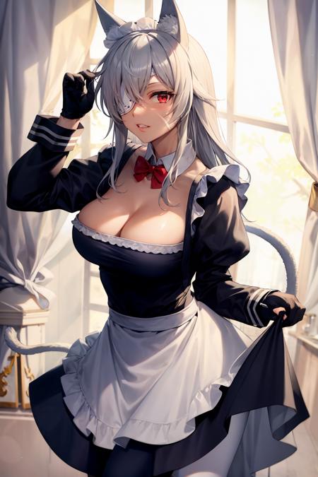 masterpiece, best quality,  <lora:ghislaine:1>,1girl, breasts, gloves, eyepatch, red eyes, animal ears, solo, tail, maid, black gloves, long hair, cleavage, ahoge, dark-skinned female, large breasts, dark skin, white pantyhose, pantyhose, alternate costume, maid headdress, frills, scar, animal ear fluff, tail ornament, long sleeves, scar on face, looking at viewer, scar on cheek, dress, bow, cat ears, apron, enmaided, cat tail, clothing cutout, bangs, teeth, tail ring, one-eyed, cleavage cutout, grey hair, maid apron, black dress, white hair, red bow, clenched teeth,  half gloves, parted lips, ribbon, grin, bowtie, hair between eyes, skirt, white apron, puffy sleeves