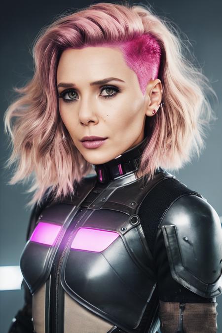 waist up portrait photo, (elizolsen), pink (mohawk haircut:1.2),  cyberpunk, futuristic, (cyberpunk bodysuit:1.3), 8k uhd, RAW photography, <lyco:ElizabethOlsenDogu:1>