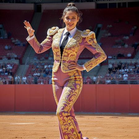 in a futuristic dystopian bullring,( full body), from front, front view,  a toreadora:matadora wearing pink traje de luces  with gold floral design,  hair in bun, tie, bullfighting,  dynamic pose, action pose,  perspective, foreshortening, depth of field, joy, adulation, tr4j3  <lora:tr4j3_v2:1> <lora:ClothingAdjuster3:-0.3>