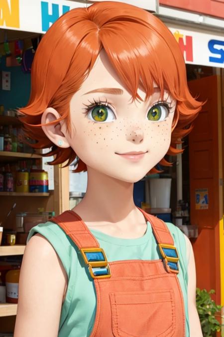 1girl, sxfrances, short hair, orange hair, green eyes, freckles, red overalls, blue_shirt, smile, solo, looking at viewer <lora:frances-v2:0.6>