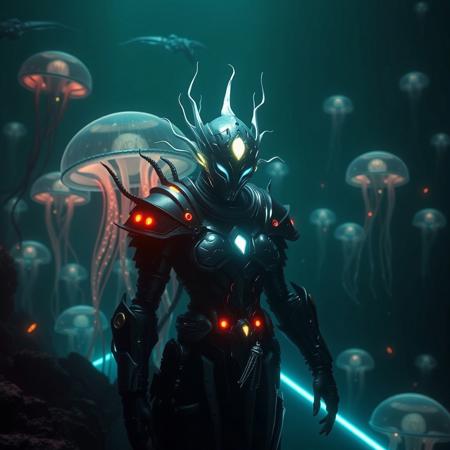 (Ultra-realistic, 32k, Masterpiece, High Quality, Detailed Realistic Background, Official Art, Realistic Lighting).
"Dark, cinematic lighting enhances the eerie atmosphere, capturing the tension and ethereal beauty of the Cryoquatic warrior in this alien underwater realm. The intricate details of the jellyfish-inspired metal cities, bioluminescent light trails, and the warrior’s armor make the scene immersive and otherworldly. The soft glow from the tentacles and floating city lights creates a sense of depth, as the Cryoquatic’s glowing form contrasts against the infinite darkness of the deep ocean beneath Europa’s icy surface."