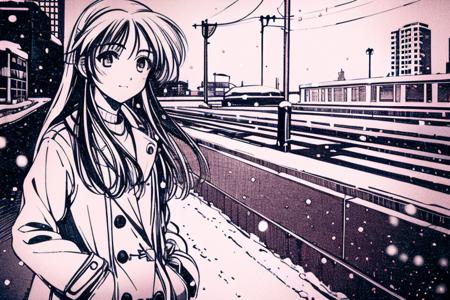 1girl,monochrome, solo,long hair, white coat, long coat, street, city, winter, snowing, hands in pockets,  <lora:Pia_rough:1>, masterpiece, best quality,