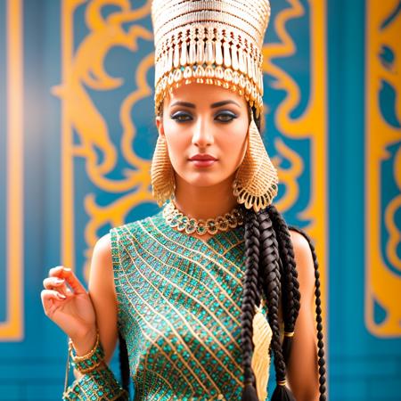 create a surrealistic version of the Babylonian style costume worn by the Arabic woman in the promotional image. Include a long braid, fur collar, and chain around the neck, and incorporate abstract elements that represent the lush garden and green bird. babylon  style, full shot