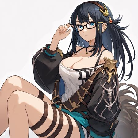 illnott, glasses, 1girl, black hair, blue eyes, long hair, cleavage, hairband, ear piercing, large breasts, off shoulder jacket, thigh strap, choker