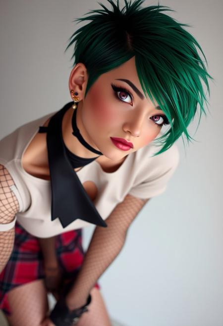pixie cut, feminine male, black collar, green hair, plaid skirt, fishnet stocking sleeves, leather boots, short tee-shirt, tattooed, pink eyes