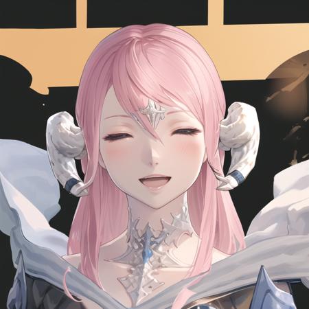 best quality,masterpiece,au ra\(raen\), forwards horns, light-scales, 1girl,closed eyes,blush,open mouth,Light smile, portrait,looking at viewer,solo,<lora:aura_ratio1:0.75>