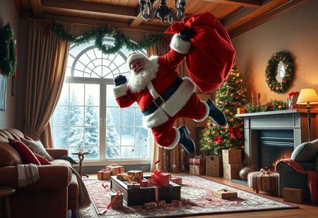 score_9, score_8_up, SANTA CLAUS WITH A BAG WITH GIFTS FALLING IN THE MIDDLE OF A LIVING ROOM WITH CHRISTMAS DECORATIONS WITH  THE LANDING OF SUPER HERO DESTROYING THE PLACE AS IT FALLS