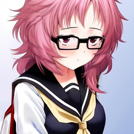 1girl, ai_mie, glasses, pink hair, sailor color, serafuku, school uniform, frown, school, <lora:ai-mie-v2:1>