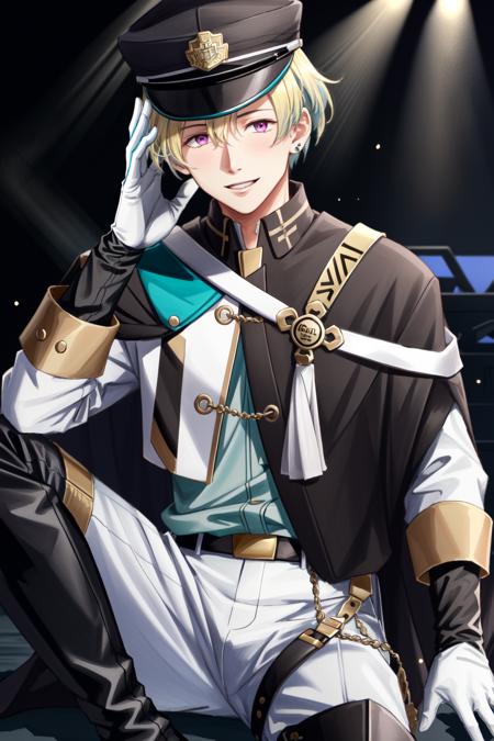 hanazono momohito\(side-m\), solo, blonde hair, looking at viewer, purple eyes, smile, shirt, gloves, long sleeves, white pants, 1boy, hair between eyes, sitting, black hat, white jacket, white shirt, male focus, (Knee boot:1.2), pants, white gloves, black headwear, black cape, blurry background, black peaked cap, black footwear, finger to mouth, light particles, backlighting, stage,