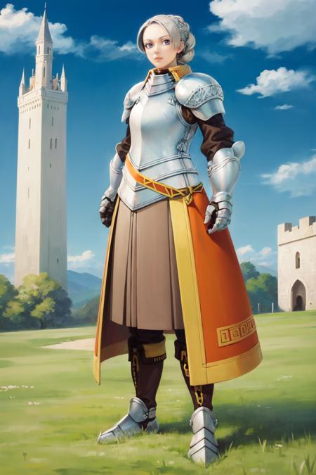 chrisarm, 1girl, solo, french braid, armored dress, shoulder armor, breastplate, gauntlets, armored boots, full body, standing, looking at viewer,  short hair, looking at viewer, armor, castle, sky, tower,, sky, clouds, fortress, wall,   <lora:chrisarm_V1-12:0.75>