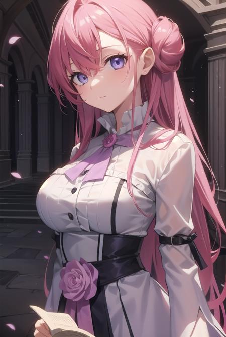 euphemia, <lora:euphemiatest:1>, 
euphemia li britannia, doughnut hair bun, hair bun, hair flower, hair ornament, long hair, pink hair, (purple eyes:1.1), (medium breast:1.2),
BREAK bow,  dress, frills, lace, ribbon,
BREAK looking at viewer,
BREAK outdoors, park,
BREAK <lora:GoodHands-vanilla:1>, (masterpiece:1.2), best quality, high resolution, unity 8k wallpaper, (illustration:0.8), (beautiful detailed eyes:1.6), extremely detailed face, perfect lighting, extremely detailed CG, (perfect hands, perfect anatomy),