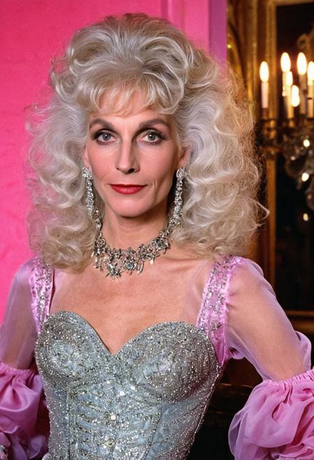 1boy,
A highly detailed best quality photography from the (year 1986:1.5) shows Debra, a slim (mature) American femboy in a contemporary bar room. He leans lasciviously on a stylish chaise longue, half sitting, half lying down and looks at the viewer with a demeaning and arrogant smile on his face. 
The androgynous face of the Sissy with (narrow-set) wide open light grey eyes, big (bent nose), (wide lower jaw) and an (underbite) is (odd) but tells the interesting story of a live. The aged skin is wrinkled and shows agespots.  The intricate wavy long white hair with (pink highlights) is elaborated. A heavy collar choker adornes the neck. He wears precious jewelry, Creole earrings and bangle bracelets. He wears a stunning and extravagant (1980s style evening dress:1.5). The futuristic 1980s style decadent and modern furnished room is painted in changing purple and silver colors. Futuristic wall lights create an intimate, subtle lighting atmosphere.