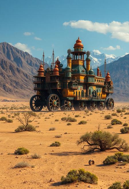 a fabulous moving city, its many colourful levels mounted on gigantic wheels, moves slowly across a barren plain, with a few stunted trees and bushes, it's heading for a wide gap in the mountains that sit on the horizon.  Steampunk mortal engines. A mesmerizing, high-contrast, vivid cinematic photograph, ultra hd, realistic, vivid colors, highly detailed.