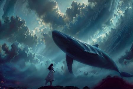 xuer Big whale, 1girl, whale, sky, long hair, star \(sky\), solo, dress, standing, starry sky, cloud, scenery, oversized animal, blue theme, night, outdoors, light particles, night sky, wide shot
<lora:~Q?-| xuer Big whale:0.8>