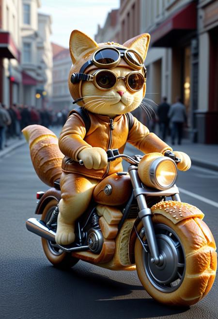 (made of bread:1.3), from side, closeup small motorcycle made of bread, cat driving, wear round goggles, wear animal ears helmet, run through on town made of bread, cinematic, cinematic lighting, (masterpiece, best quality:1.4), ultra-high res, 4k, Photorealistic, insanely detailed, sfw,
