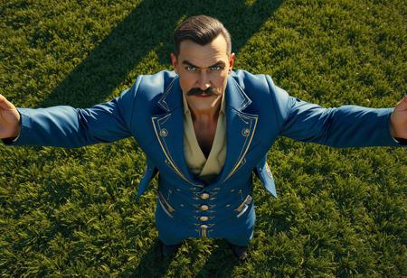 Cinematic shot: A muscular male Jet Warrior in a dynamic, action-ready pose, arms outstretched, stands centered on a textured, vibrant green grass. He wears a full blue suit with intricate gold accents, revealing only a face with a large nose, distinguished mustache, and beautiful detailed eyes looking directly at the camera with intense, intentional focus. The scene is captured with captivating lighting casting dramatic shadows. 4K, Exceptional Quality, Lifelike Details, Super Detailed Face and Eyes and Clothes, Handcrafted with Precision, High Quality. Impeccable Composition, Golden Ratio, Creative Angle. Rendered with Octane Render and Unreal Engine 5. Attractive Background implies a Supernatural Danger Zone. Balanced Editing, Harmonious Colors. Well-timed Moment. High quality image., very detailed.