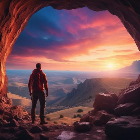 photograph Dramatic View of Adventurous Man standing inside a rocky and rugged cave looking over the Mountain Landscape. 3d Rendering. Colorful Sunrise Sky. Adventure Concept Artwork