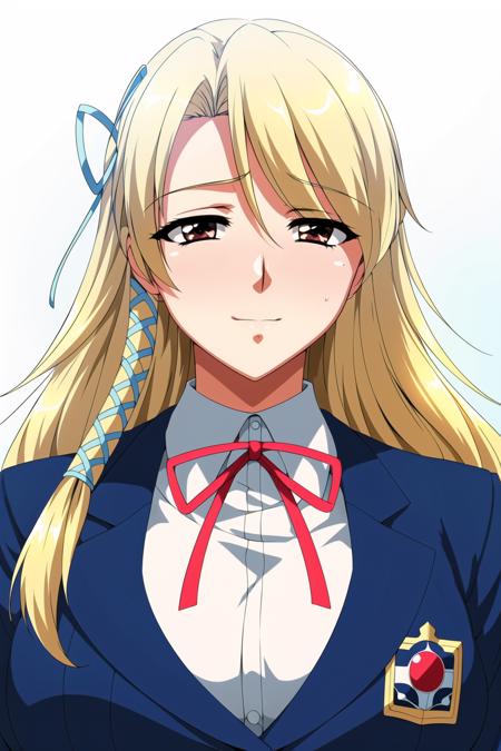 (day),Simple White Background,
Standing at attention,
blazer,blue suit ,red bow tie,neck ribbon, ribbon, school uniform,long sleeves,
<lora:Midori_Shouji_Houkago2-KK77-V1:0.7>,
blonde hair,long hair, Bangs,, hair ribbon, Blue_Eyes,
<lora:Mariana_Luciano_NON_VIRGIN-KK77-V1:0.3>,<lora:more_details:0.1>,
1 girl, 20yo,Young female,Beautiful Finger,Beautiful long legs,Beautiful body,Beautiful Nose,Beautiful character design, perfect eyes, perfect face,expressive eyes,perfect balance,
looking at viewer,(Focus on her face),closed mouth, (innocent_big_eyes:1.0),Light_Smile,
official art,extremely detailed CG unity 8k wallpaper, perfect lighting,Colorful, Bright_Front_face_Lighting,shiny skin, 
(masterpiece:1.0),(best_quality:1.0), ultra high res,4K,ultra-detailed,
photography, 8K, HDR, highres, absurdres:1.2, Kodak portra 400, film grain, blurry background, bokeh:1.2, lens flare, (vibrant_color:1.2),professional photograph, 
(Beautiful,large_Breasts:1.4), (beautiful_face:1.5),(narrow_waist),