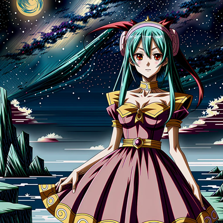 intricately detailed (2D anime:1.5) screencap of a (gorgeous girl:1.1) wearing a unique form-fitting dress, vibrant colors, amazing background, high quality, best quality, masterpiece, <lora:furthermore:1.0>, <lora:hyperdetailer_v095:0.7>, <lora:image enhancer high_v1:0.5>