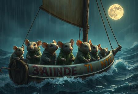 REALISTIC
a group of mouses every mouse with a different skin color scared worried with old rusty clothes and dirty raincoats traveling in an old BIG Sailing boat made with bottles and trash on a storm  in the ocean lightings rain moonlight big waves, heavy rain, puddle of water, boat with broken parts, some mouse with bruises and ears with holes,