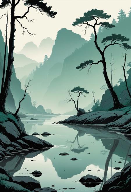 A silent, fog-shrouded riverbank where slender, windswept trees cling to rocky outcrops. The still water mirrors their spindly silhouettes, and a soft, muted green-gray palette lends the scene a haunting, dreamlike calm. The art style is clean and graphic, with clean, minimalist compositions, smooth vector-style shading and crisp linework reminiscent of vintage European poster art and nostalgic anime with grainy halftone texture, warm palette, and slice-of-life softness evocative of 80s/90s Japanese animation.